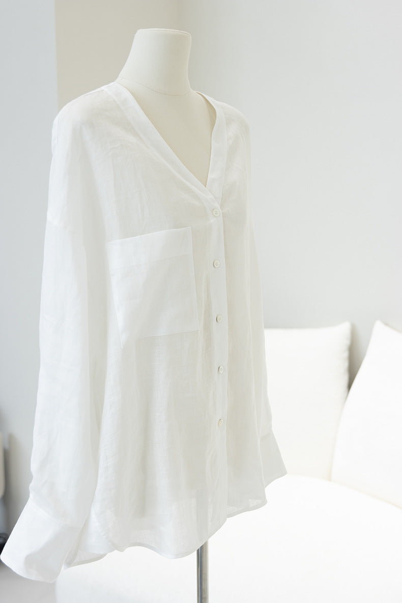 Loose-Fit Long-Sleeve V-Neck Linen Shirt