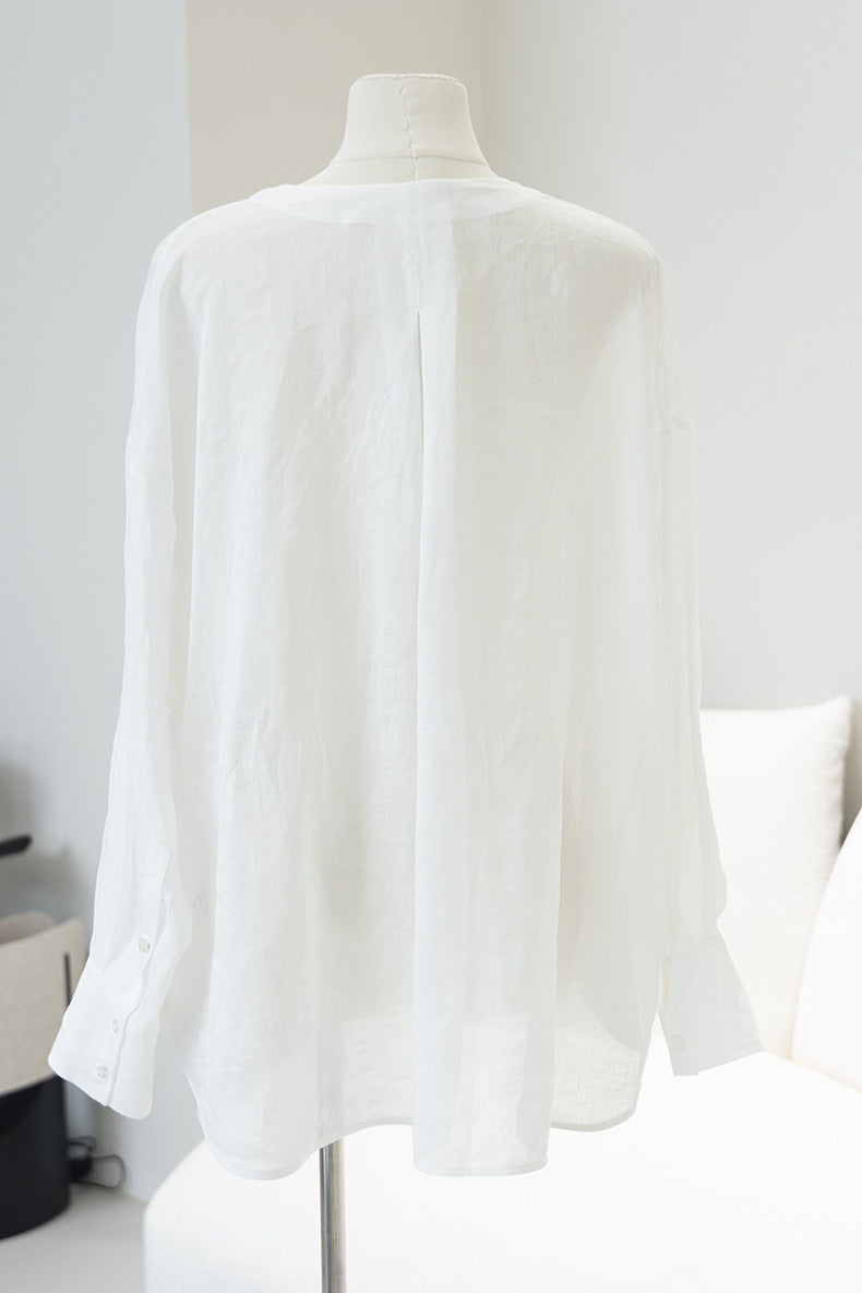 Loose-Fit Long-Sleeve V-Neck Linen Shirt