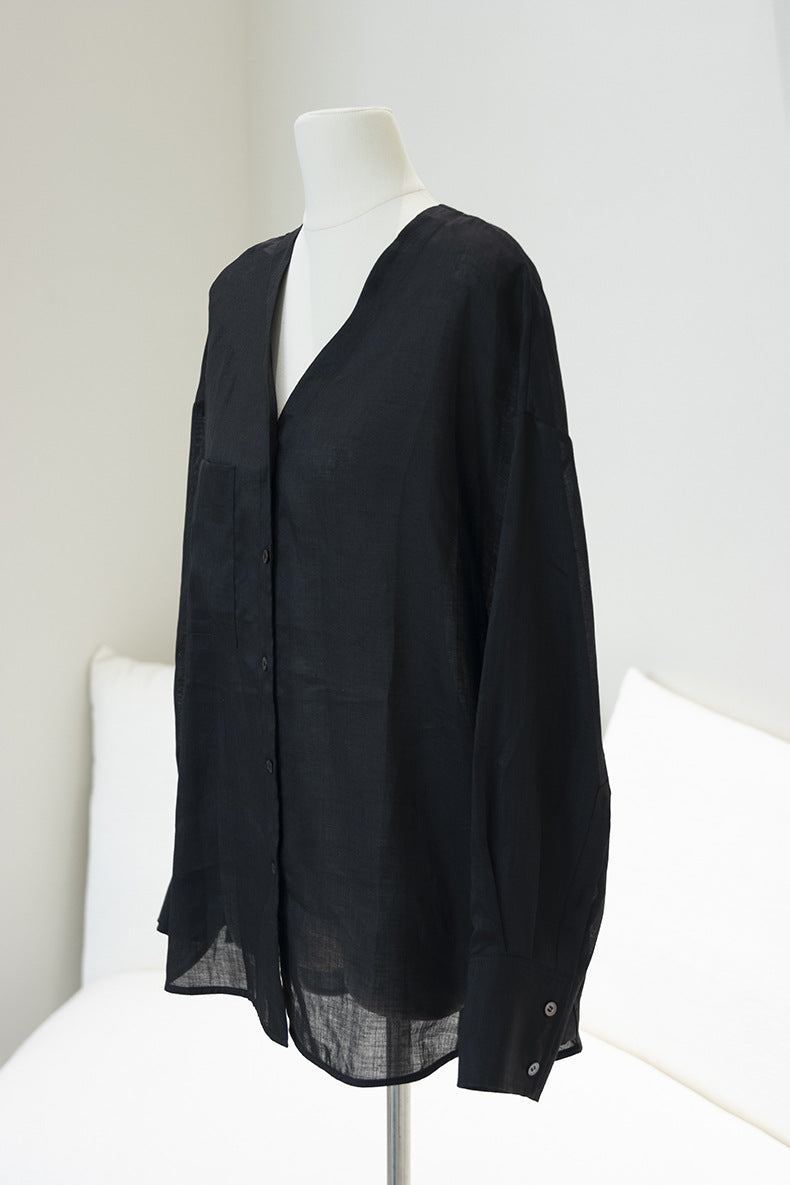 Loose-Fit Long-Sleeve V-Neck Linen Shirt