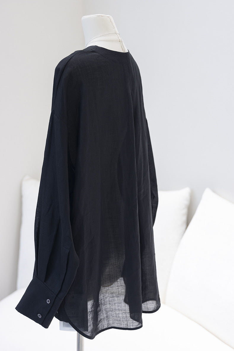 Loose-Fit Long-Sleeve V-Neck Linen Shirt
