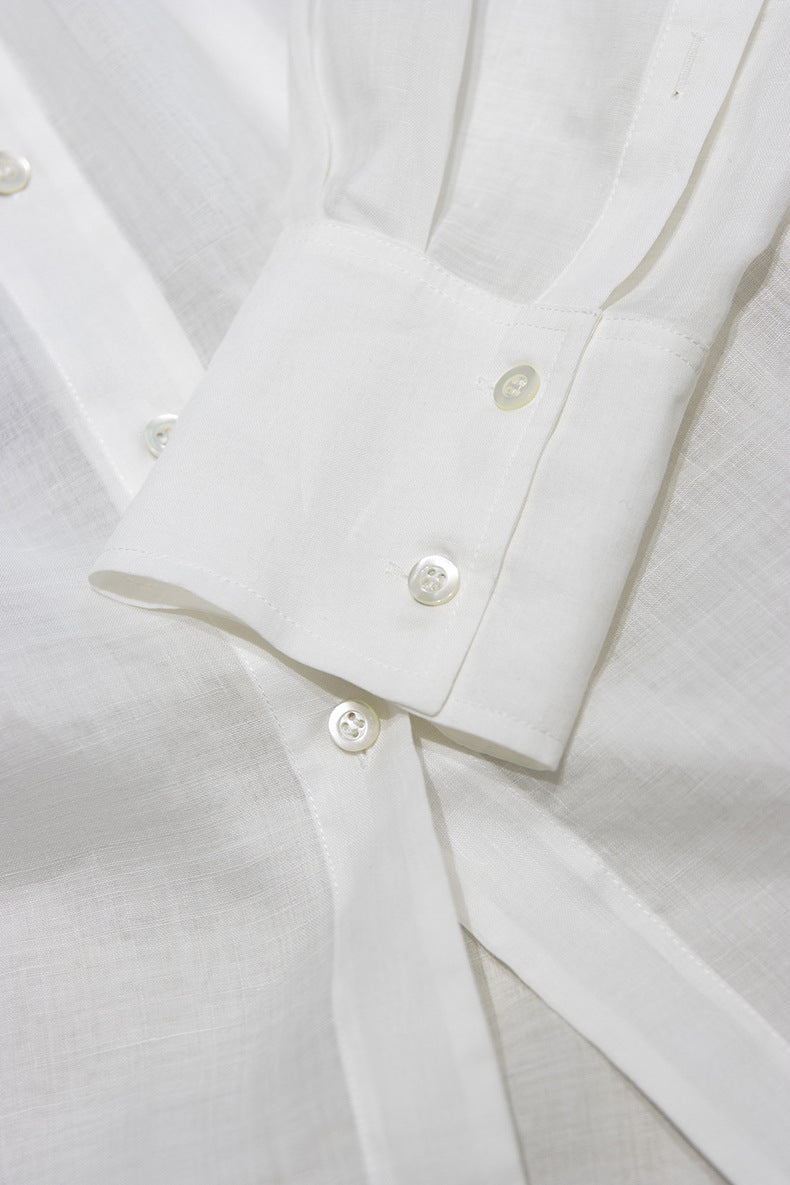 Loose-Fit Long-Sleeve V-Neck Linen Shirt
